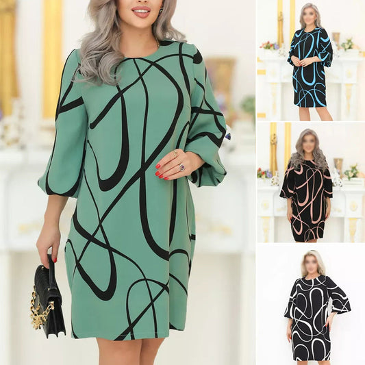 🌸 Mintás ruha kerek nyakkal és hétnegyedes ujjakkal