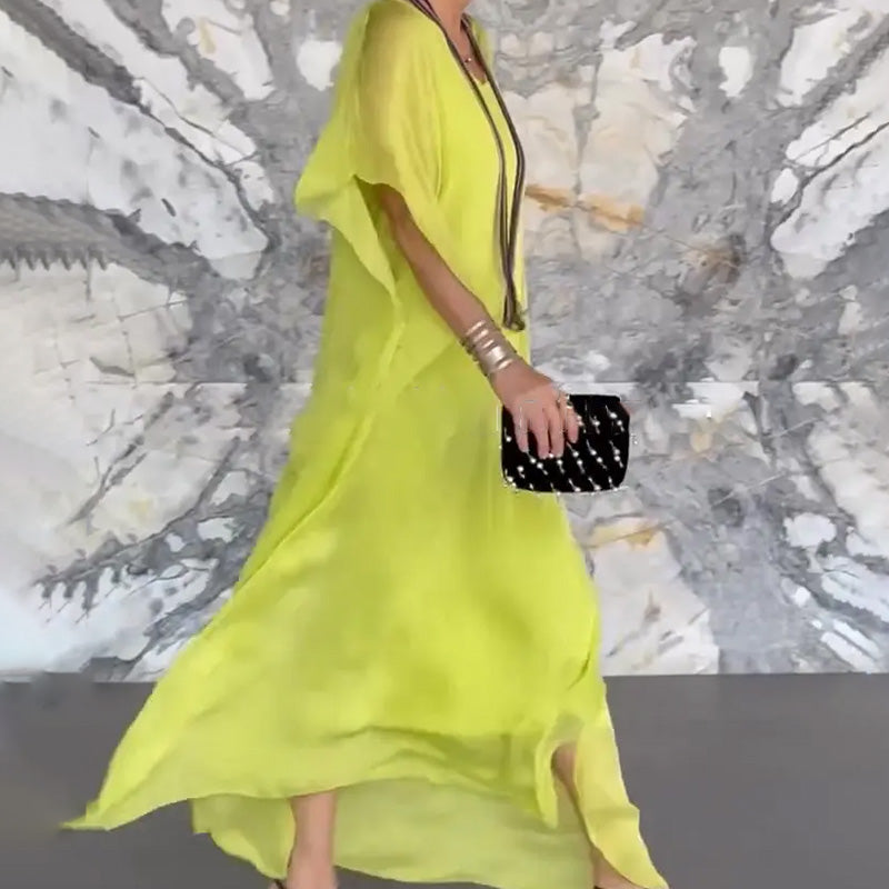 Női lélegző, laza V-nyakú maxi ruha