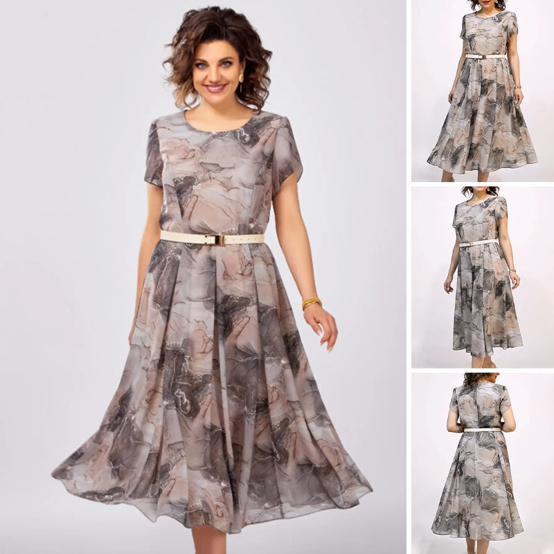 Női elegáns kerek nyakú, rövid ujjú midi ruha