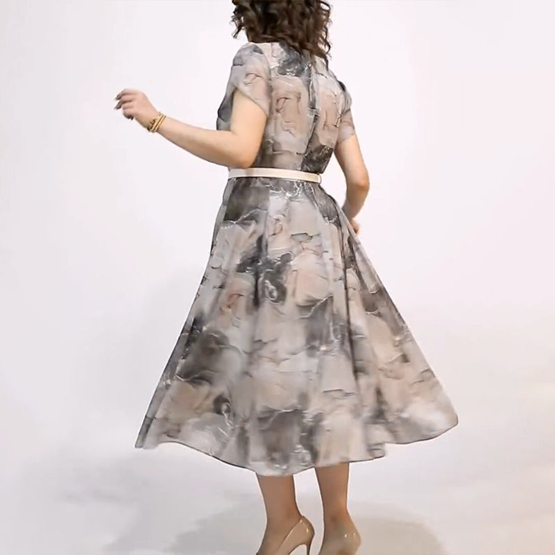 Női elegáns kerek nyakú, rövid ujjú midi ruha