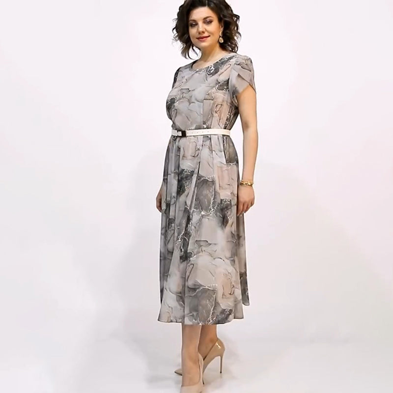 Női elegáns kerek nyakú, rövid ujjú midi ruha