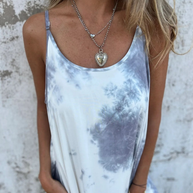 Női batikolt, színátmenetes, nyomtatott spagettipántos ruha