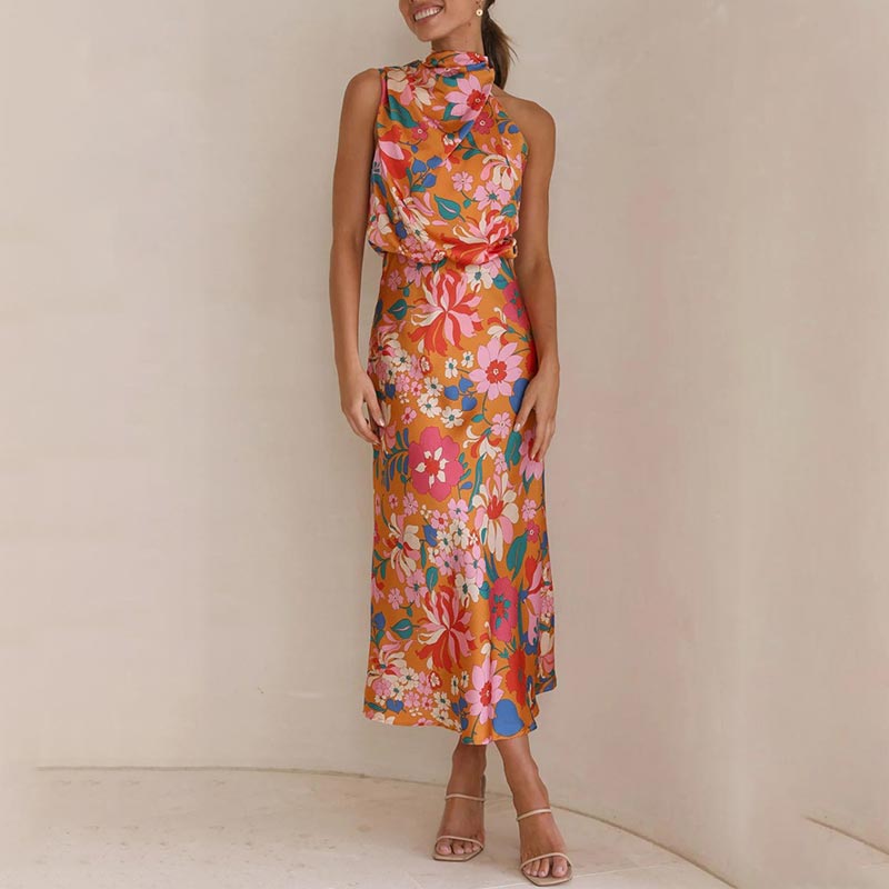 virágmintás, nyakbakötős, gumis derekú, szatén fényű maxi ruha