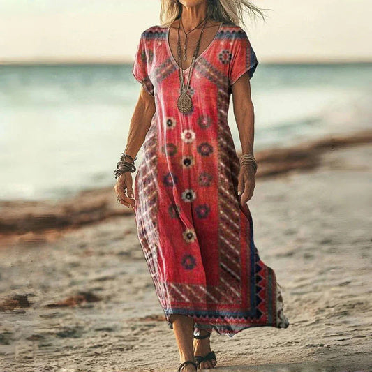 ✨Női rövid ujjú, mintás, V-nyakú ruha