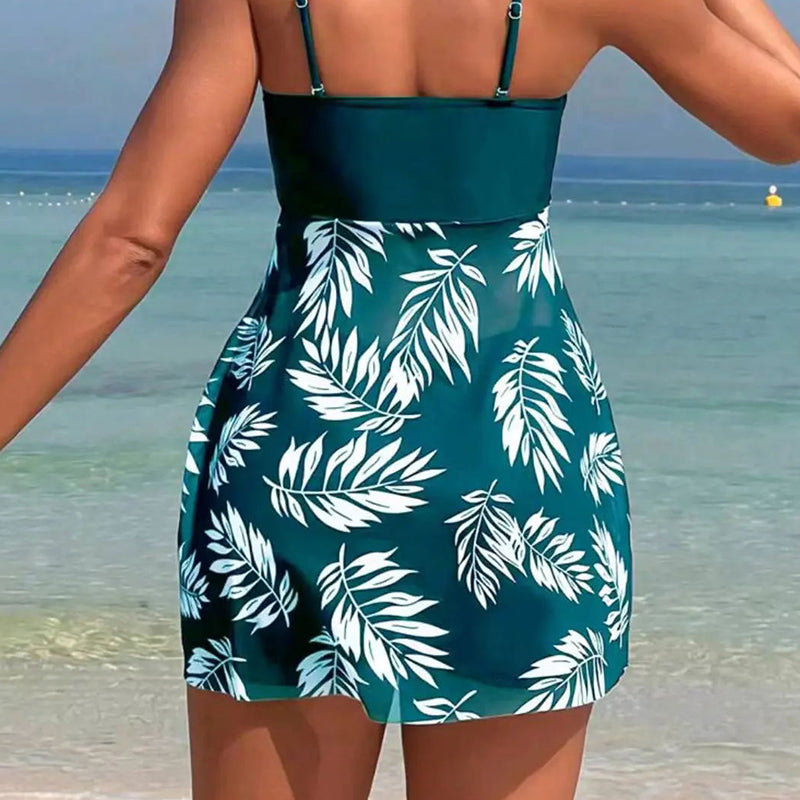 🌴👙Női kétrészes mintás fürdőruha pántos rövidnadrággal