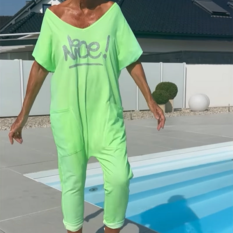 💖【S~5XL】Zsebes női nyomtatott betűs, plus size lezser overál