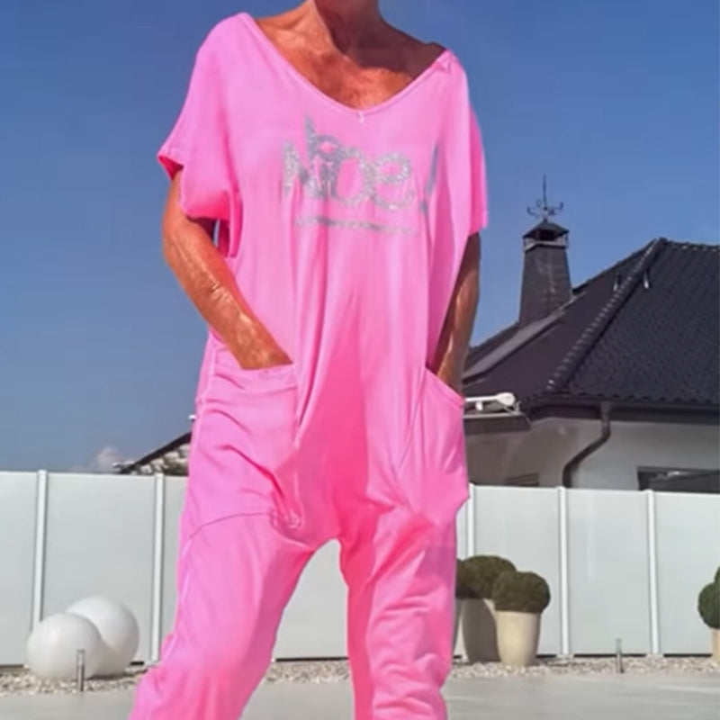 💖【S~5XL】Zsebes női nyomtatott betűs, plus size lezser overál