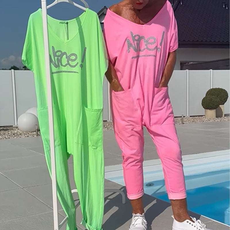 💖【S~5XL】Zsebes női nyomtatott betűs, plus size lezser overál