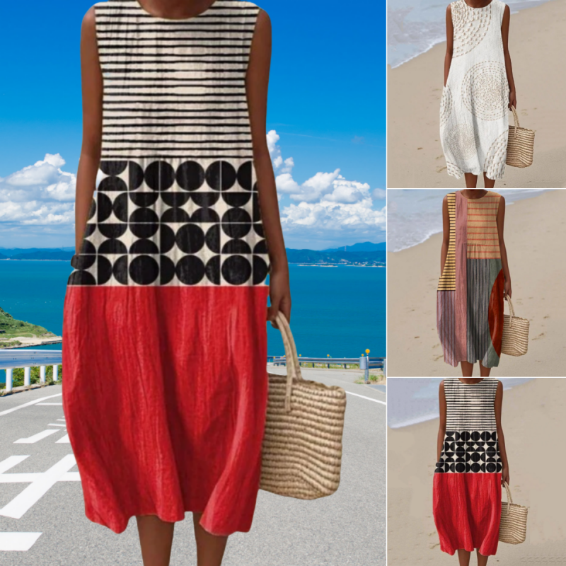 Divatos női ujjatlan ruha kerek nyakkivágással