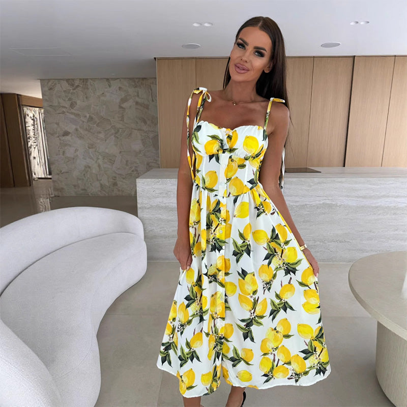 👗Elegáns női ruha vékony pántokkal és virágmintával