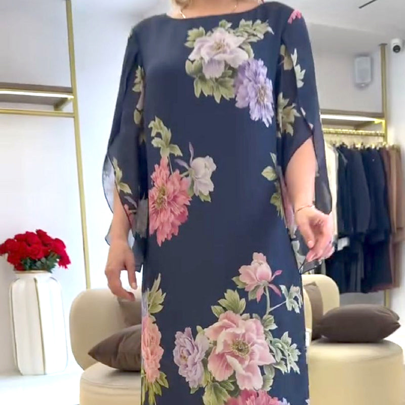 Elegáns hosszú női ruha nyomtatott nyakkivágással