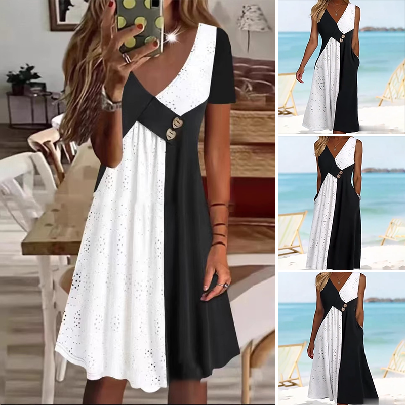 👗 Elegáns női ruha szív alakú nyakkivágással és modern patchworkkel