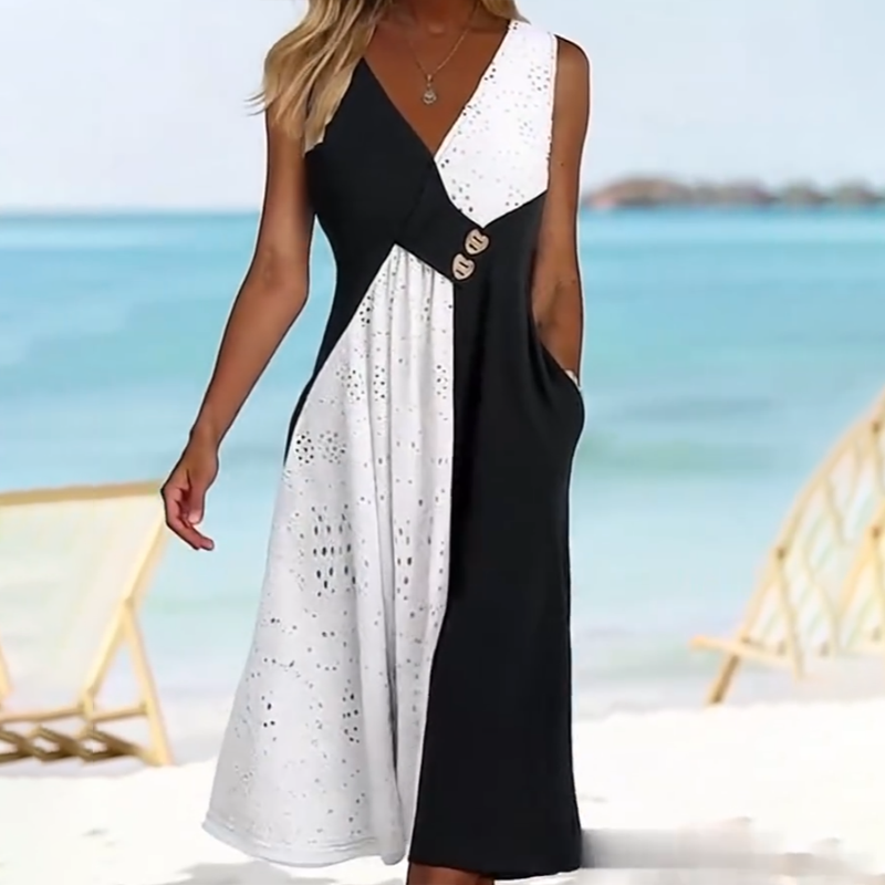 👗 Elegáns női ruha szív alakú nyakkivágással és modern patchworkkel