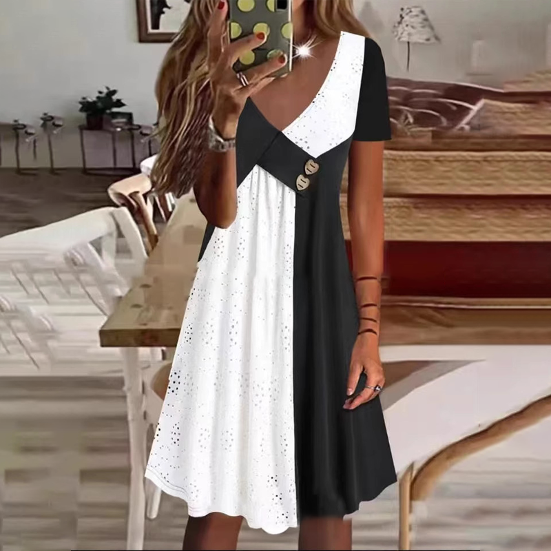 👗 Elegáns női ruha szív alakú nyakkivágással és modern patchworkkel