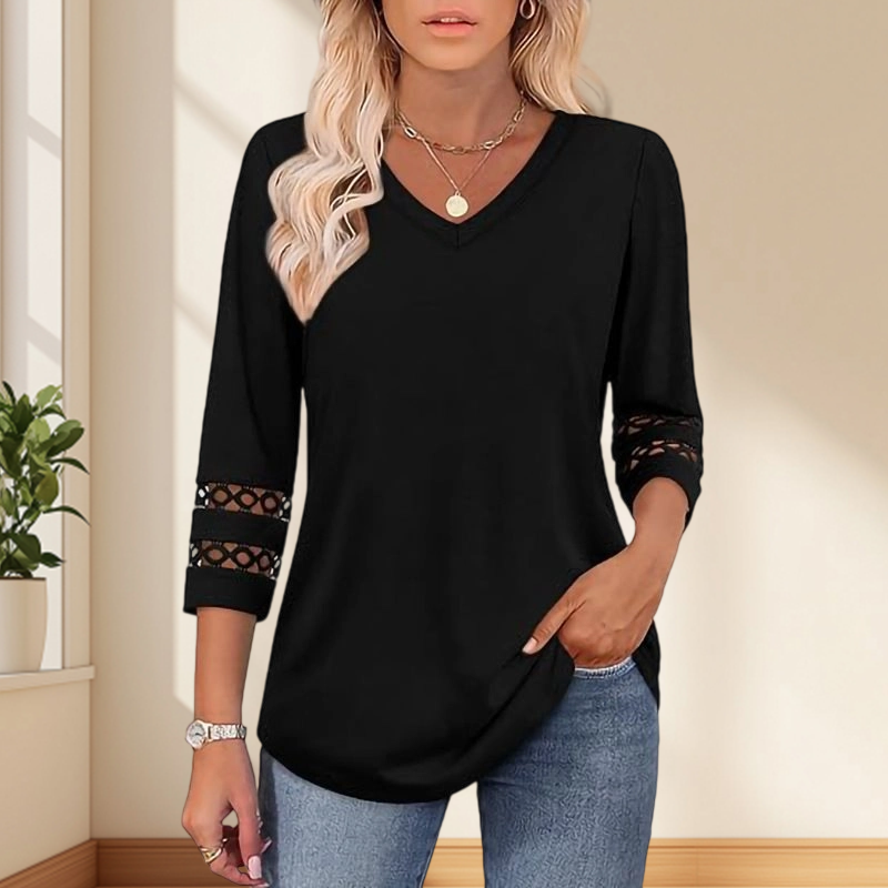 🌺[S-3XL]👚✨ Klasszikus Egyszínű V-nyakú Felső 3/4-es Ujjakkal