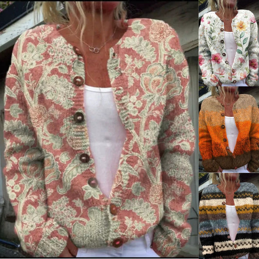 Női kabátok mintával, gombos rögzítéssel, elöl nyitott