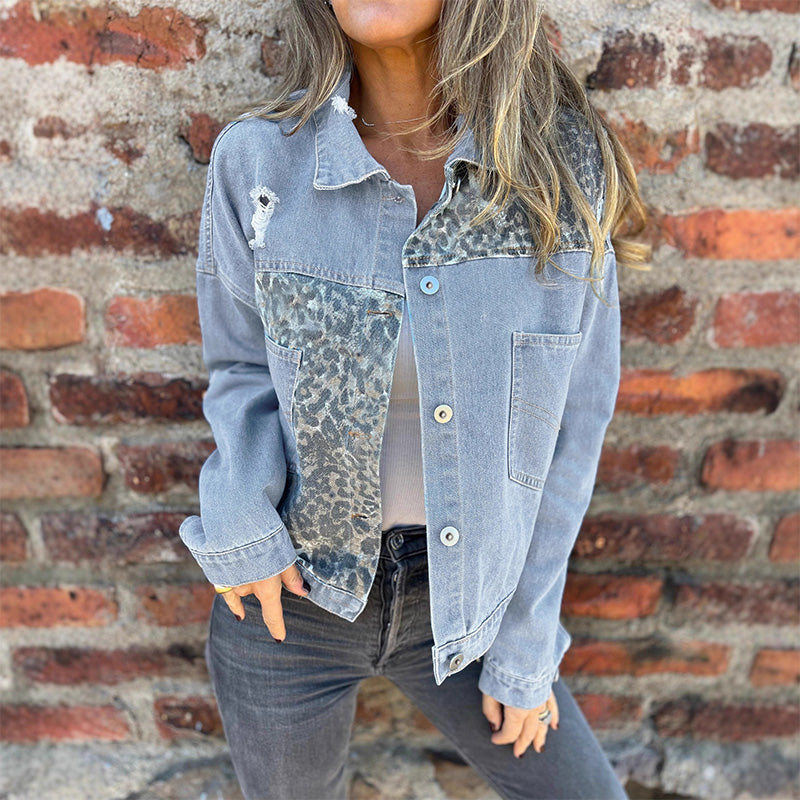 Divatos farmerdzseki leopárdmintával és patchwork mintával