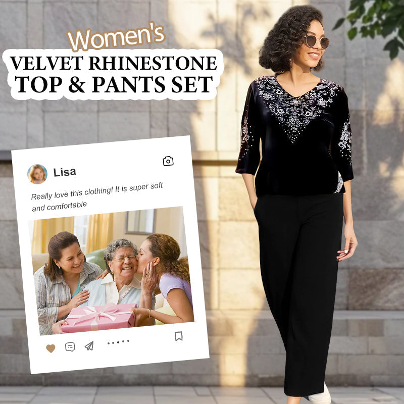 💞Női bársony felső és nadrág szett strasszokkal